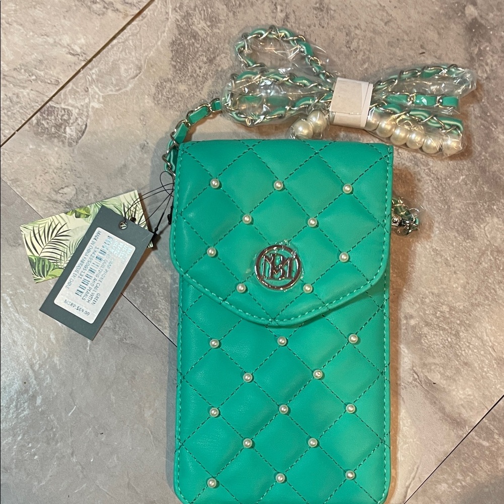 Badgley Mischka Teal Quilted Phone Case with Pearl Accents